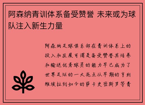 阿森纳青训体系备受赞誉 未来或为球队注入新生力量