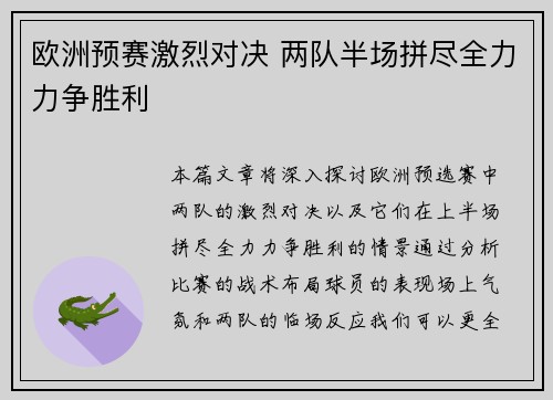 欧洲预赛激烈对决 两队半场拼尽全力力争胜利