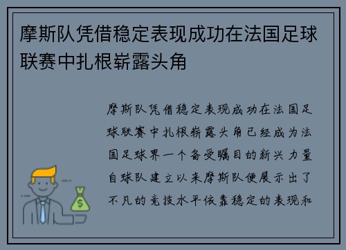 摩斯队凭借稳定表现成功在法国足球联赛中扎根崭露头角