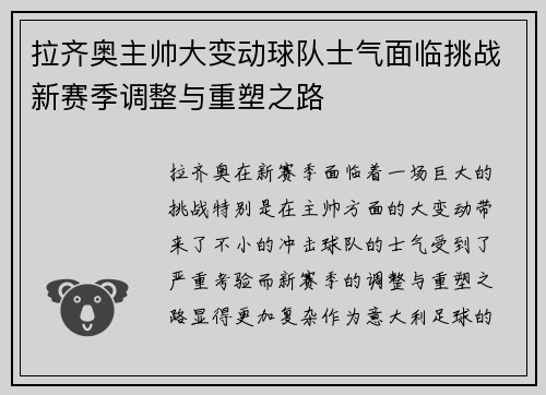 拉齐奥主帅大变动球队士气面临挑战新赛季调整与重塑之路