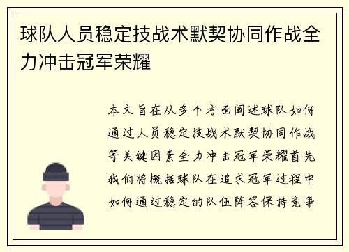 球队人员稳定技战术默契协同作战全力冲击冠军荣耀