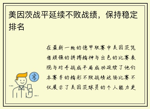 美因茨战平延续不败战绩，保持稳定排名