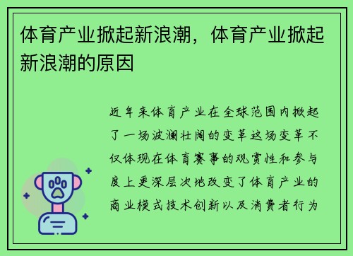 体育产业掀起新浪潮，体育产业掀起新浪潮的原因
